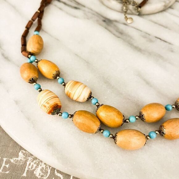 Liz Claiborne Wood Bead Necklace Brown Chunky 2 Strand Long Earthy Vintage 1990s - Picture 7 of 9